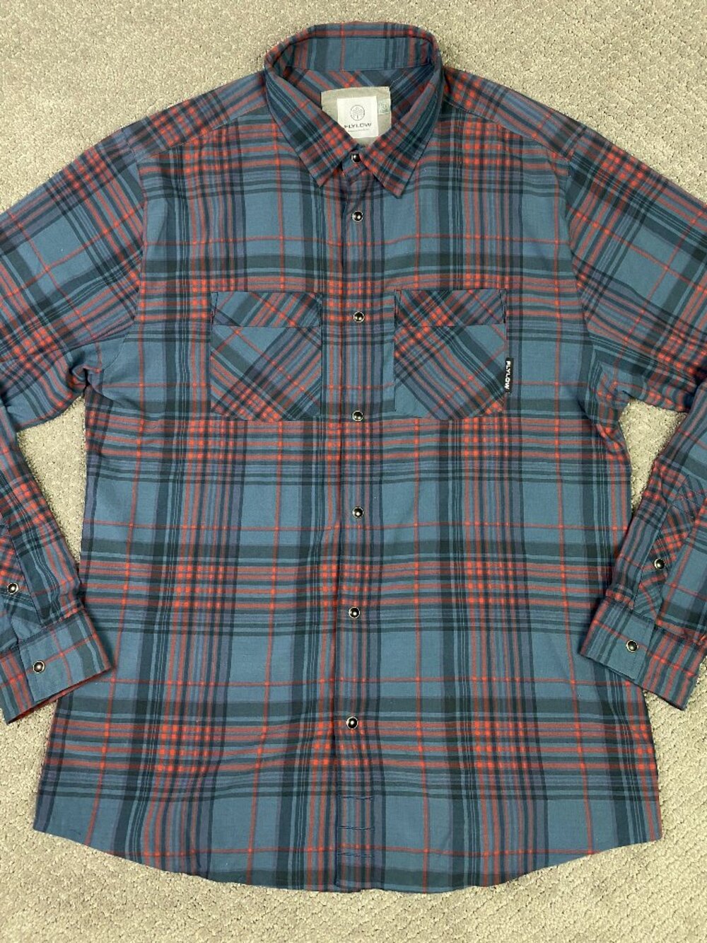 Flylow Pearl Snap Flannel Shirt Mens Large Slate Gray Red Plaid Western check